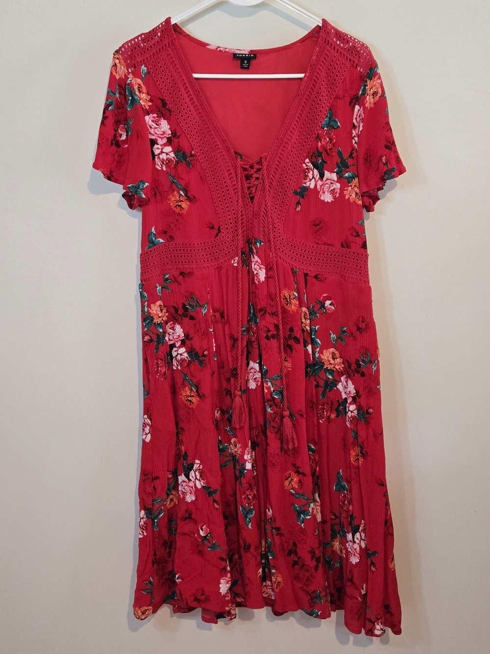 torrid Red Floral Lace-Trim Midi Dress